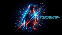 Futuristic cyber security guard silhouette with glowing neon effects and digital particles on dark background for technology presentations.