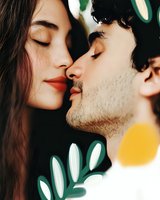 Young couple sharing intimate moment with closed eyes, neon green and yellow botanical elements in background. Romance and connection concept for dating, relationships, love stories.