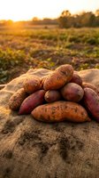 Fresh sweet potatoes harvested from organic farm field at golden sunset, displayed on burlap sack with warm agricultural landscape background for healthy eating concepts.