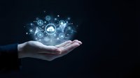 Businessman hand presenting glowing cloud computing network with security icons and data protection symbols on dark background for technology concepts.