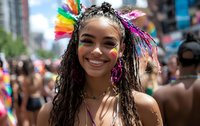 Young African American woman with bright smile wearing colorful festival makeup and rainbow feather accessories at summer street celebration, radiating joy and positive energy.
