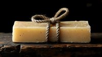Natural handmade soap bar tied with rustic twine bow on dark wooden surface against black background, artisanal organic skincare product with textured surface.