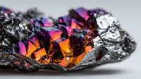 Iridescent silicon carbide crystal with vibrant purple, orange, and pink metallic hues against dark carbon structure on neutral background.