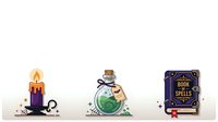 Isolated magical candle with purple wax and flame, mystical potion bottle with green liquid and steampunk elements, and enchanted spellbook on white background for design use.