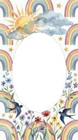 Watercolor oval frame with rainbows, sun, clouds, swallows, and wildflowers, soft pastel tones, copy space for text or photo.