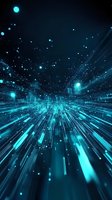 Futuristic digital landscape with glowing cyan light trails and particles creating dynamic perspective movement against dark background. Suitable for tech concepts.