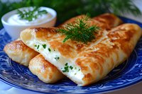 Freshly baked cheese blintzes garnished with dill and chives on blue ceramic plate, served with sour cream dip. Traditional homemade crepes with dairy filling.
