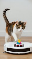 Tabby and white domestic cat with raised tail standing on wooden floor next to robotic vacuum cleaner with colorful toy on top, isolated on white background for pet care and technology concepts.