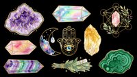 Amethyst crystal cluster, holographic hexagon, rose quartz in geometric frame, watercolor moon, hamsa hand, citrine point, lavender bundle, malachite slice isolated on transparent background. Ready for t-shirt design, stickers, sublimation, print-on-demand products and clipart use.