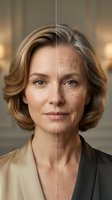 Split screen comparison showing aging process of middle-aged Caucasian woman with blonde bob haircut demonstrating skincare and anti-aging concepts.