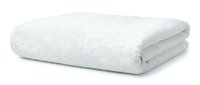 Folded white cotton bath towel on white background, suitable for spa, hospitality, and wellness product marketing.