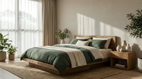 Modern minimalist bedroom interior with wooden platform bed, green bedding, natural lighting and houseplants creating serene sleeping space.