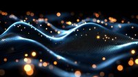 Glowing blue wave pattern with particle effects and bokeh lights on dark background creates futuristic digital technology visualization.
