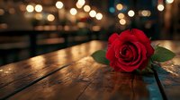 Single red rose lying on rustic wooden table with soft bokeh lights creating romantic atmosphere. Dark moody background adds dramatic effect to floral composition.