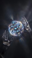 Futuristic hands manipulating glowing digital sphere with network connections and data visualization elements for technology and innovation concepts.