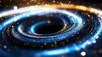 Glowing spiral of blue and gold light with bokeh effects creates dynamic motion against dark background, abstract cosmic energy visualization for technology designs.
