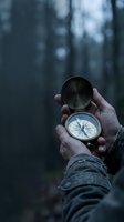 Hand holding vintage brass compass in dark forest for navigation and outdoor adventure exploration.