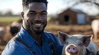 Young African American male farmer in denim shirt smiling while holding pink piglet at sustainable farm with barn and pasture in background during golden hour.