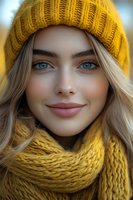 Young blonde woman wearing yellow knit hat and scarf smiling warmly at camera with blue eyes and natural makeup for winter fashion and lifestyle content.
