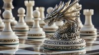 Golden dragon figurine on chess board with white pieces in background, representing strategy and fantasy gaming elements.