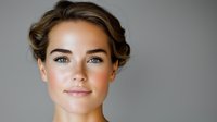 Young woman with natural makeup and glowing skin smiling confidently against gray background, showcasing fresh, minimalist beauty look and styled brown hair.