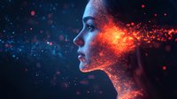 Young woman profile with glowing orange and blue particle effect dissolving into dark background, cosmic artistic portrait showing transformation and energy.