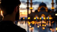 Silhouette of bearded man observing illuminated mosque at sunset with golden bokeh lights creating magical atmosphere during evening prayer time in Islamic culture.