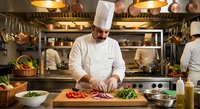 Professional male chef in white uniform and hat preparing fresh vegetables on wooden cutting board in busy commercial restaurant kitchen with copper pots and warm lighting.