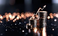 Growing stacks of silver coins with upward arrow showing financial growth and investment success against blurred bokeh lights background.