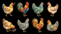 Colorful folk art chickens and roosters set, isolated on transparent background. Great for clipart, stickers, t-shirt design, print on demand, and sublimation projects.