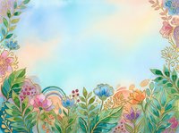 Watercolor floral border with colorful blooms and lush green leaves on a soft pastel blue background, perfect for cards and invitations.