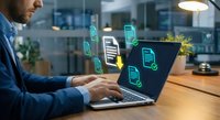 Professional businessman managing digital documents on laptop with floating file icons in modern office workspace for productivity and data organization.