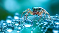 Colorful jumping spider with iridescent eyes sits among sparkling water droplets on turquoise surface. Macro photography captures intricate details and vibrant colors.