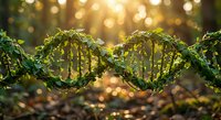Green DNA double helix structure made of natural leaves and vines with golden bokeh lights background for biotechnology and genetic research concepts.