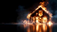 Dramatic burning house reflected in water at night with intense orange flames and smoke creating atmospheric scene with mirror reflection on calm surface.