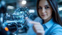 Young Caucasian businesswoman in blue shirt pointing at glowing digital brain hologram with network connections in modern tech office environment.