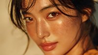 Young Asian woman with wet hair and glowing skin in warm golden sunlight. Natural beauty portrait with dewy makeup and soft lighting for skincare and wellness concepts.