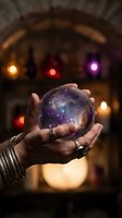 Hands holding magical crystal ball with galaxy stars universe cosmos in mystical fortune teller room with candles and atmospheric lighting for divination.