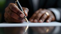 African American businessman signing contract or legal document with luxury fountain pen, close-up view of hands on dark background with selective focus.