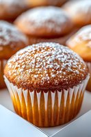 Fresh baked vanilla cupcake dusted with powdered sugar in white paper liner, macro close-up showing soft texture and golden brown color on white surface.
