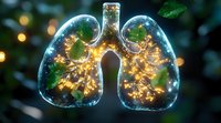 Glass lungs filled with glowing fairy lights against dark bokeh background, creating magical anatomical art piece for medical and decorative concepts.
