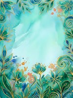 Turquoise watercolor background with ornamental gold-outlined flowers and botanical elements framing the center space, suitable for invitations, greeting cards, and design projects.