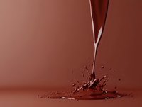 Liquid chocolate pouring and splashing on brown background, creating dynamic droplets and ripples for food photography and dessert advertising.