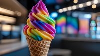 Rainbow swirled soft serve ice cream in waffle cone against blurred colorful background with bokeh lights, sweet frozen dessert with vibrant pride colors.