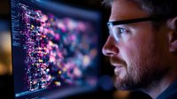 Caucasian male programmer analyzing complex data visualization on screen, wearing protective glasses, side view profile in dark office with colorful code display.