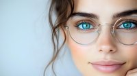 Young Caucasian woman with striking blue eyes and round glasses, close-up portrait on light background, copy space for text.