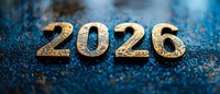 Golden 2026 numbers on blue glitter background, festive New Year celebration concept for greeting cards, invitations, and holiday designs.