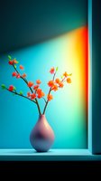 Orange cherry blossom branches in pink ceramic vase against vibrant turquoise and yellow gradient background creating modern minimalist spring composition.