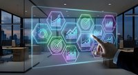 Business professional interacting with holographic data visualization interface displaying charts and analytics in modern office environment.