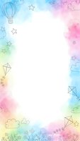 Watercolor rainbow frame with hot air balloon, kites, stars and clouds on white background for children design projects and greeting cards.